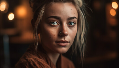 Fototapeta premium One beautiful woman looking at camera, smiling generated by AI