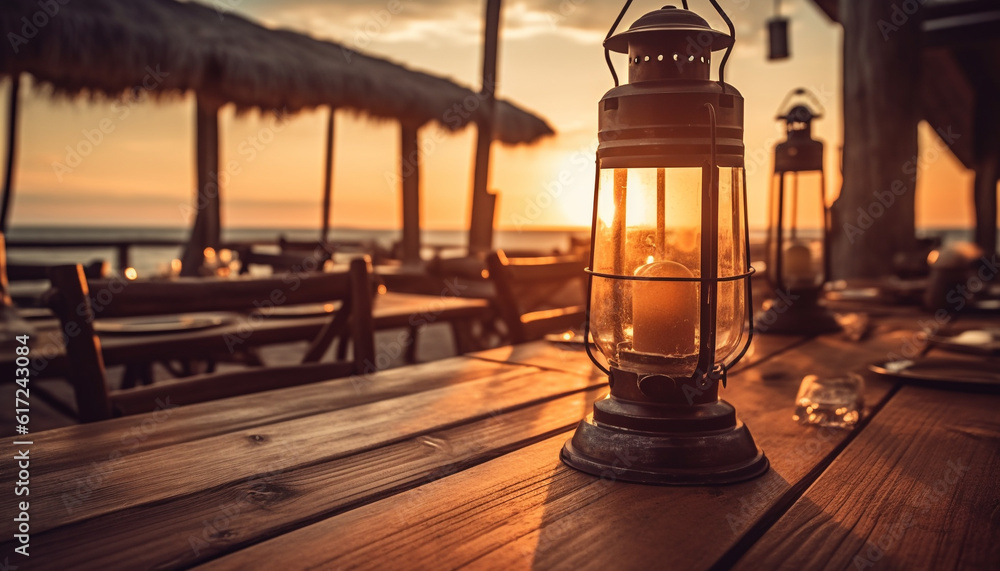 Poster glowing lantern on old rustic table at dusk generated by ai