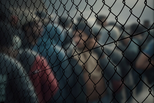 Eine Gruppe von Migranten steht am Zaun an der Grenze