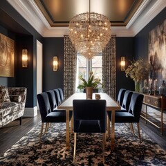 Dining room that feels both glamorous and private, with a statement chandelier and plush, velvet chairs arranged around a long table. 