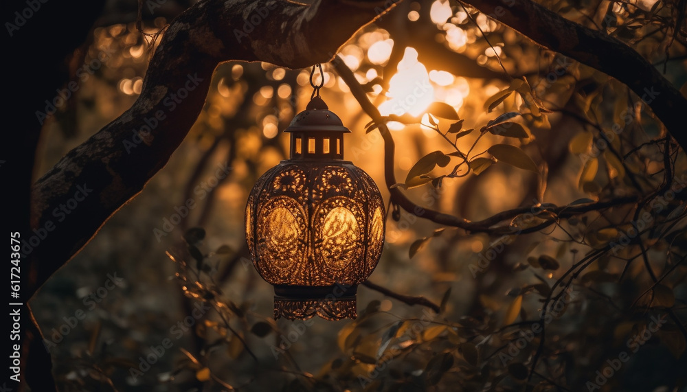 Poster illuminated lanterns hanging from old tree branches generated by ai