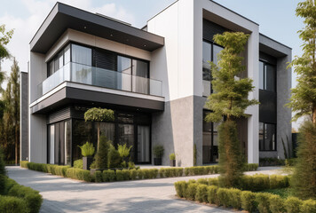 Fototapeta na wymiar modern luxury house with garden and greenery exterior
