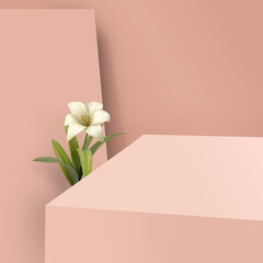 Peach 3d square stands podium on peach background with flower . abstract studio room with a geometric platform. Minimal wall scene for products showcase, Promotion display illustration	