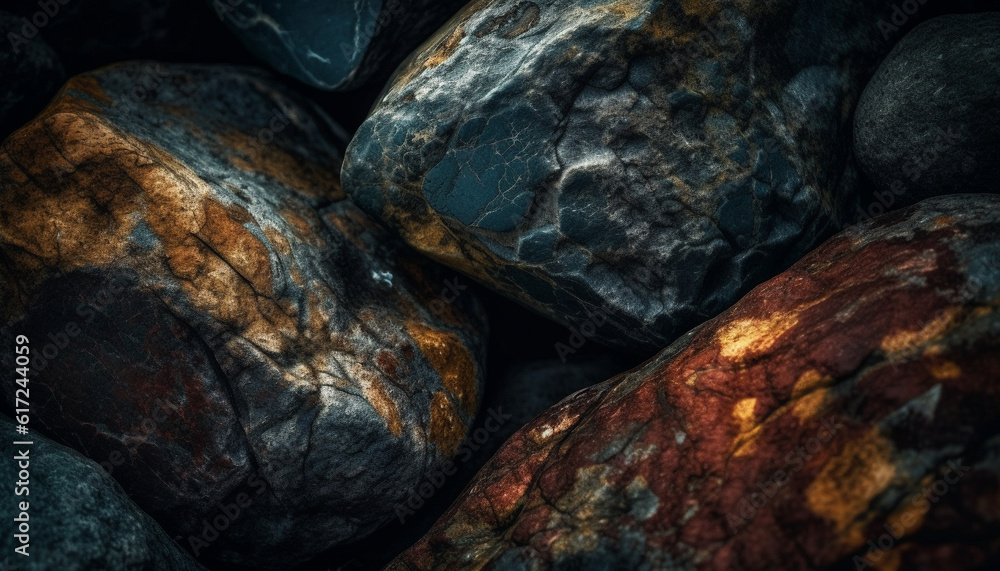 Poster smooth pebbles stack in wet, shiny pattern generated by ai