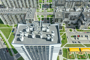 rooftop of high-rise apartment house with ventilation system. detailed aerial view. - obrazy, fototapety, plakaty