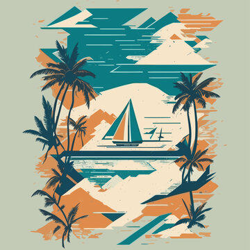 a picture of a sailboat on a beach with palm trees t-shirt design
