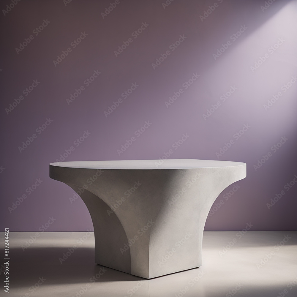 Poster vacant lilac gray concrete counter podium with a smooth curve and intricate texture, illuminated by 