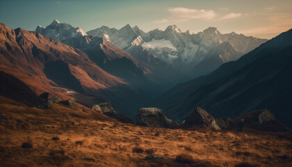 Fototapeta premium Majestic mountain peak, tranquil meadow, sunset beauty generated by AI