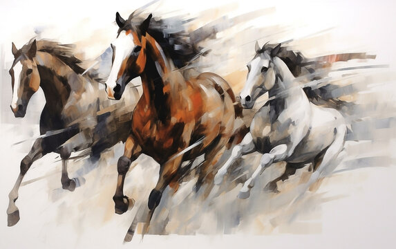An oil painting shows a group of wild horses charging. Animal painting collection for decoration, wallpaper, and interior.