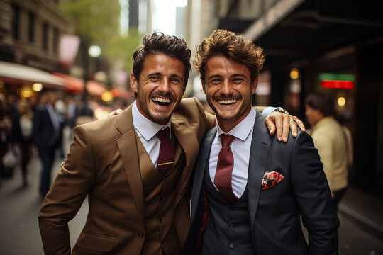 Portrait of attractive gay couple laughing happily