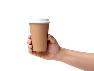 Hand with coffee to go cup isolated on transparent background, Generative AI
