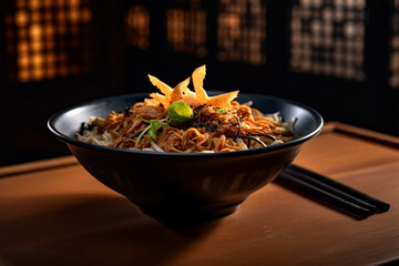 Japanese food and crispy onions served in restaurant on black boat on wooden table