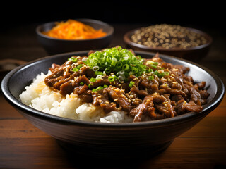 Gyudon, Japanese beef rice bowl,  Japanese beef indulgence: Experience the irresistible allure of Gyudon, a popular Japanese dish that combines thinly sliced beef, onions. | Generative AI
