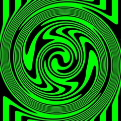 Trippy hypnotic abstract green black spiral, lime green, acid toxic green cyber goth bold colors background design weird geometric 2D flat colors warped spinning vortex trip