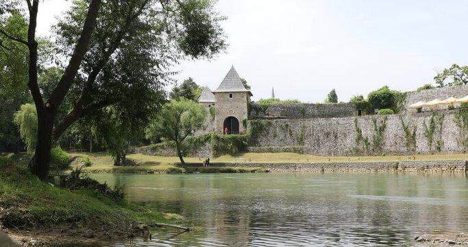 Park along the river Vrbas beneath the walls of Kastel Fortress in Banja Luka, Bosnia and Herzegovina