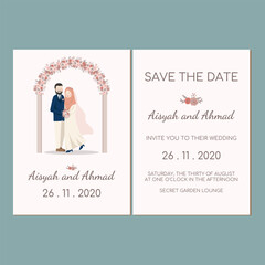 Pink Peach Flower Gate Wreath Muslim Couple Portrait Wedding Invitation - Walima Nikah Save The Date Template