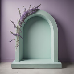 Empty lavender purple concrete arch display podium with a subtle texture, illuminated by gentle and ethereal dappled sunlight, against a mint green wall