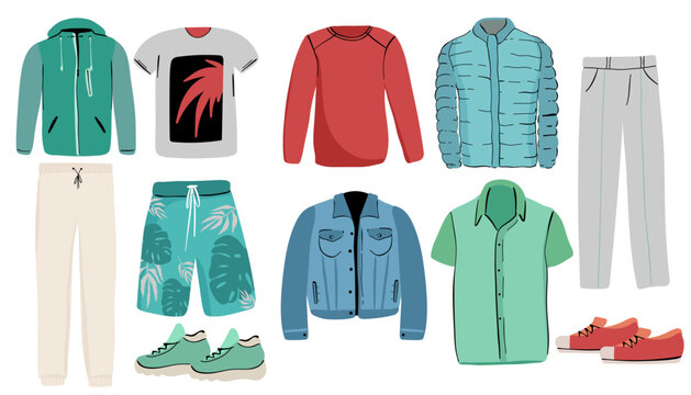Set of men s clothing and accessories. Fashion and style elements. Flat design vector illustration