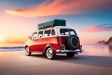 Fototapeta na wymiar Summer getaway, travel escapade, van and beach gear with a picturesque ocean backdrop