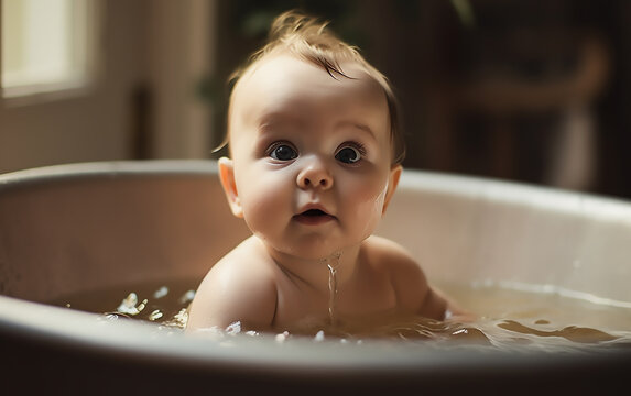 Baby taking a bath. Generative AI technology.