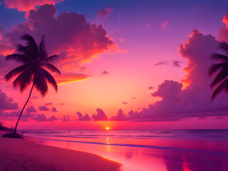 Fototapeta na wymiar Serene beach at sunset with palm trees, generative ai