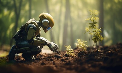 Fototapeta na wymiar robot cyborg doing planting