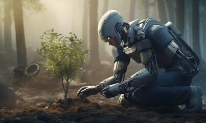 Fototapeta premium robot cyborg doing planting