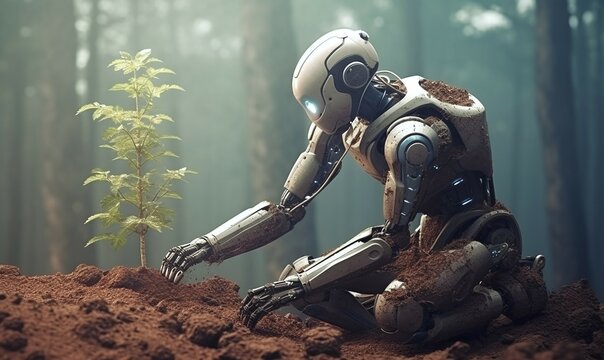 robot cyborg doing planting