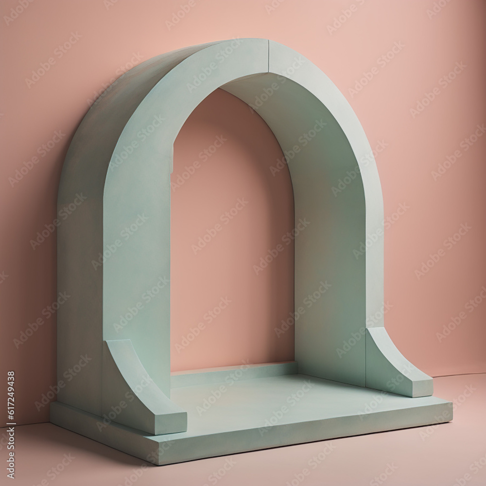 Poster empty mint green concrete arch display podium with a unique pattern, illuminated by soft and etherea