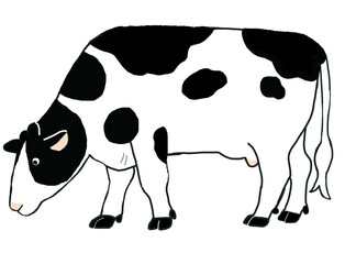 下を向く白黒牛のシンプルなイラスト	