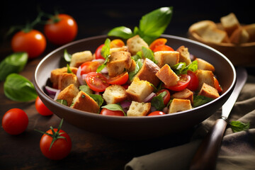 Bowl of Salad Panzanella with ripe juicy tomatoes, fresh basil and crusty bread. Delicious summer meal. Generative Ai content.