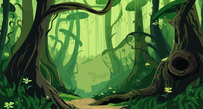 Vector magic forest with big mushrooms.
