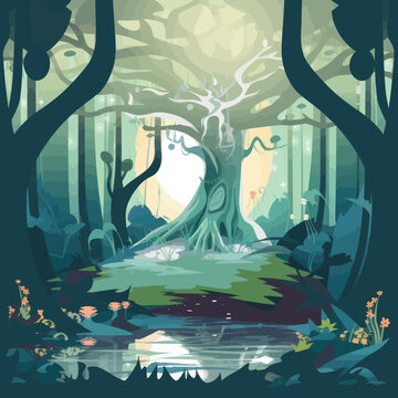 Vector magic forest with an ancient tree in the middle.