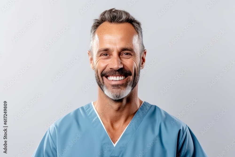 Wall mural smiling mature doctor in blue scrubs looking at camera isolated on grey