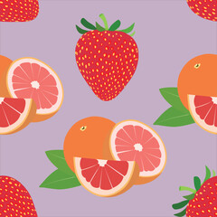 Strawberries and grapefruit. Fruits pattern vector.