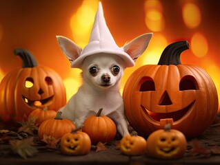 Minimalistic close up picture of cute white chihuahua pup in pink witch hat sitting between jack-o-lanterns halloween pumpkins with yellow blank copy space background. Generative AI