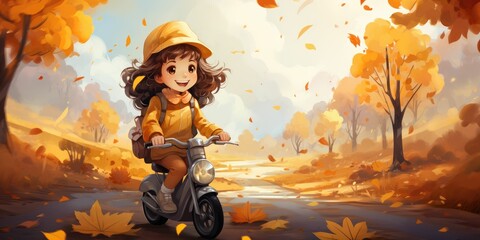 cartoon cute girl at autumn park