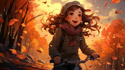 Obraz na płótnie Canvas cartoon cute girl at autumn park