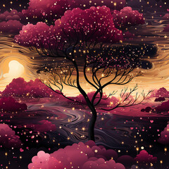 Fantasy night landscape with trees ,Forest seamless pattern, Ai generative