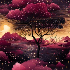 Fotobehang Fantasy night landscape with trees ,Forest seamless pattern, Ai generative © Agnieszka