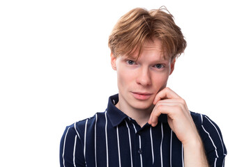 handsome young blond man in blue polo model appearance