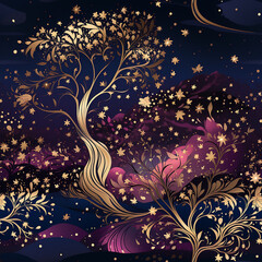 Fantasy night landscape with trees ,Forest seamless pattern, Ai generative