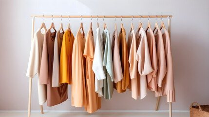 A rack of full clothes on hanger again white wall background created with Generative AI