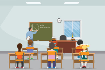 Math Classroom with Students, Teacher Teaching in Classroom and Writing in Blackboard. Math Teacher Teaching Students in Class Room Modern Class. Digital and Modern Classroom with Students and Teacher