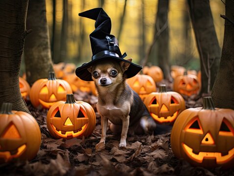 Minimalistic close up picture of cute black chihuahua pup in black witch hat sitting between jack-o-lanterns halloween pumpkins with forest in the background. Generative AI