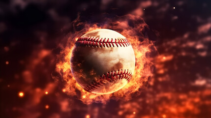 realistic illustration of baseball ball wrapped in flame on dark background created with Generative AI