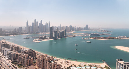 View from observation deck of the Nakheel Mall building to the Palm Jumeirah island and Dubai City in Dubai city, United Arab Emirates