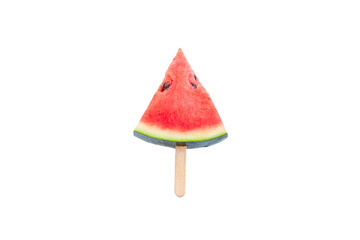 Watermelon fruit sliced with wood ice cream stick on white background, Watermelon ice cream, watermelon popsicle, Summer concept	