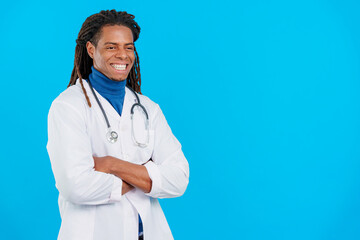 Friendly latin doctor with dreadlocks in uniform and stethoscope