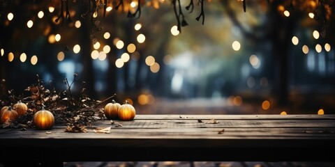 Wooden texture table top on blurred halloween background